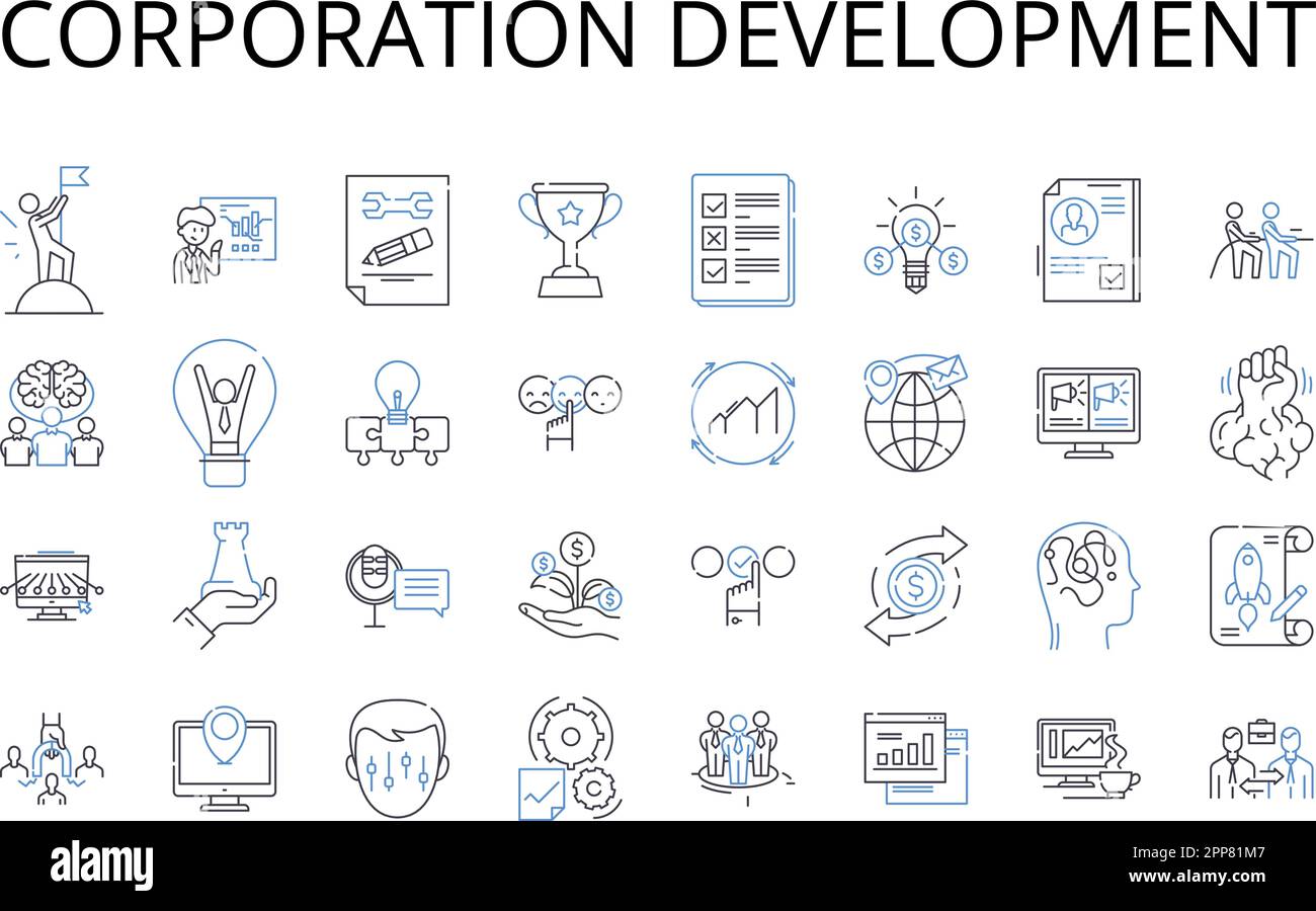Corporation development outline icons collection. Business expansion