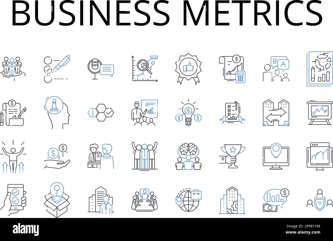 Business metrics line icons collection. Financial indicators, Performance measures, Marketing analytics, Sales metrics, Operational data, Customer Stock Vector