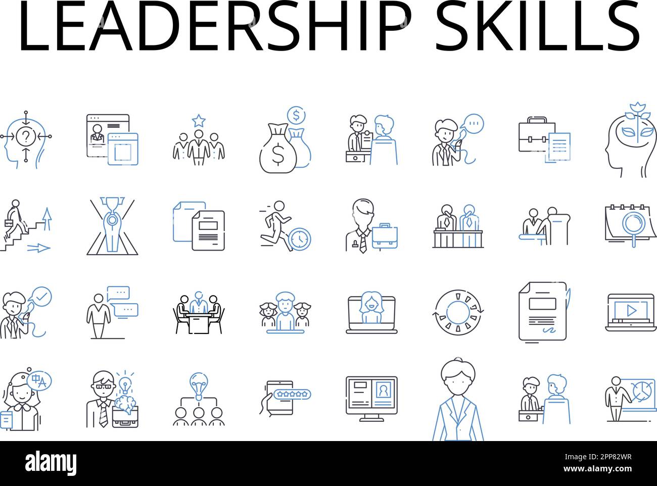 Leadership skills line icons collection. Communication skills, Teamwork skills, Problem-solving skills, Time management skills, Critical thinking Stock Vector
