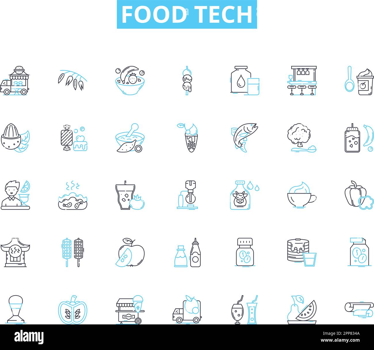 Food tech linear icons set. Automation, Biodegradable, Biosensors, Blockchain, Co-packaging, Cultured, Delivery line vector and concept signs Stock Vector