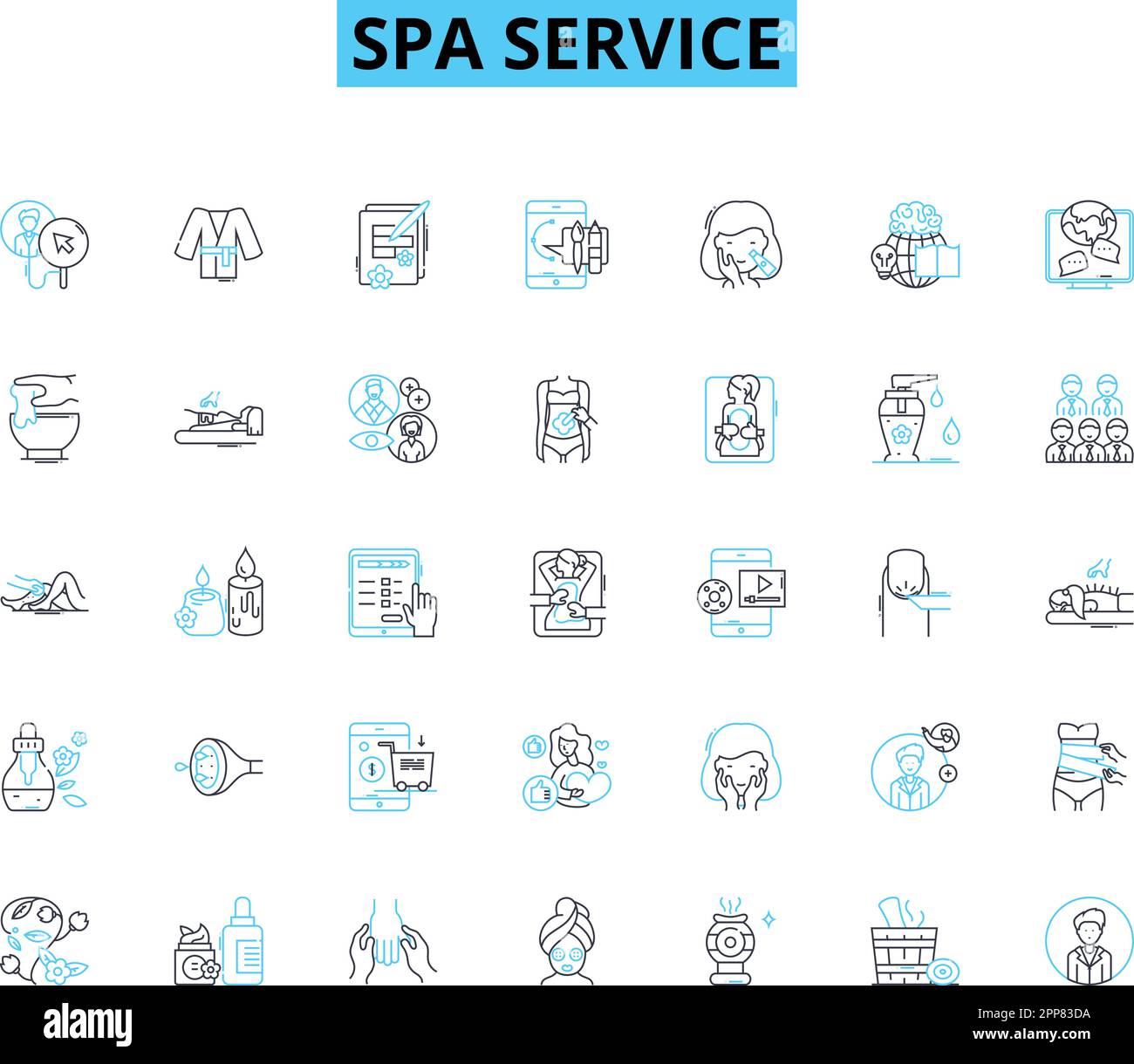 Spa service linear icons set. Relaxation, Pampering, Rejuvenation, Serenity, Therapy, Bliss, Tranquility line vector and concept signs. Massage,Health Stock Vector
