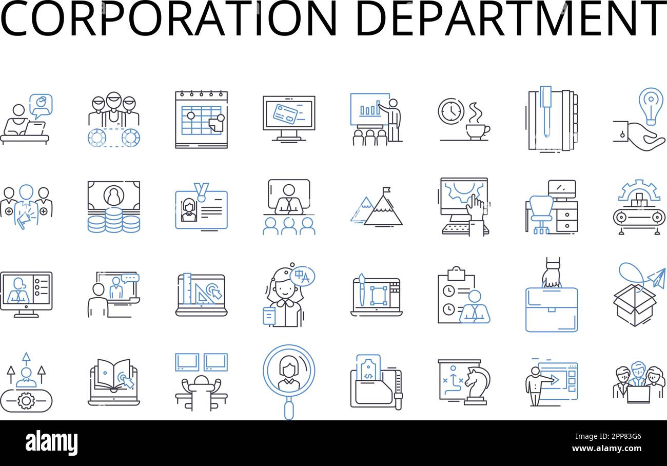 Corporation department line icons collection. Executive suite, Agency division, Government branch, Judicial chamber, Legislative assembly, Business Stock Vector