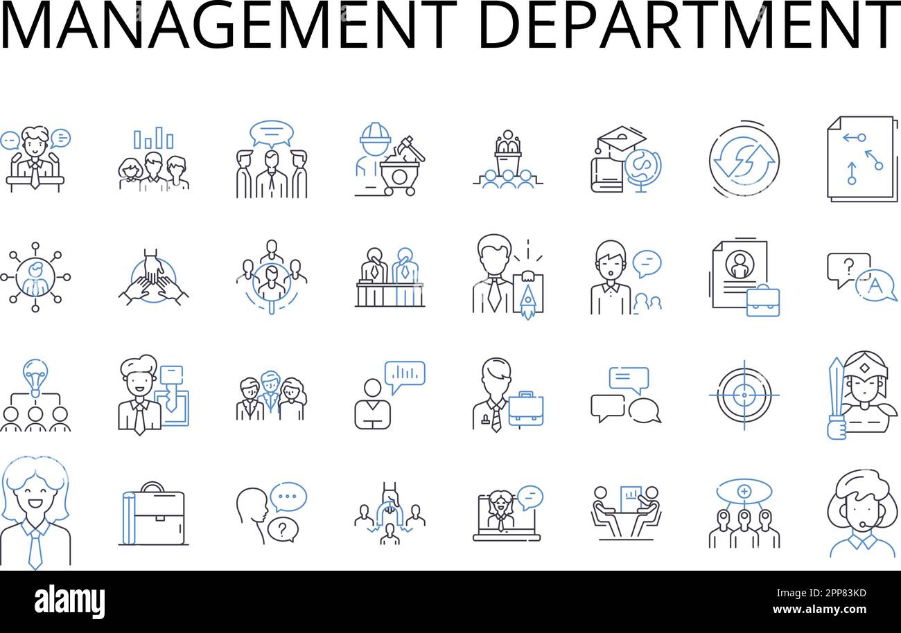 Management department line icons collection. Marketing team, Finance unit, Sales division, Human resources, Project office, Development sector Stock Vector