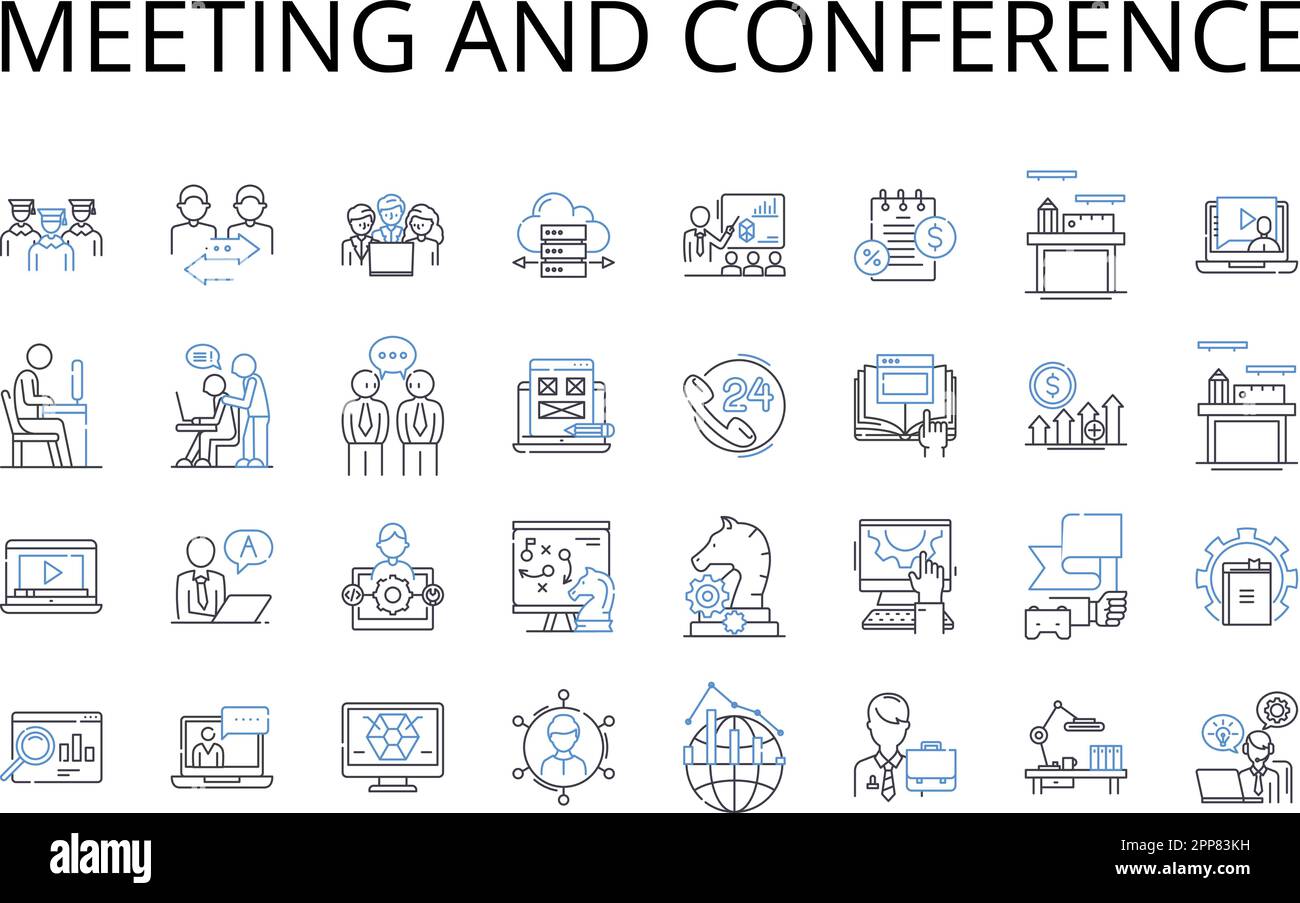 Meeting and conference line icons collection. Assembly, Gathering, Convention, Symposium, Forum, Session, Colloquium vector and linear illustration Stock Vector