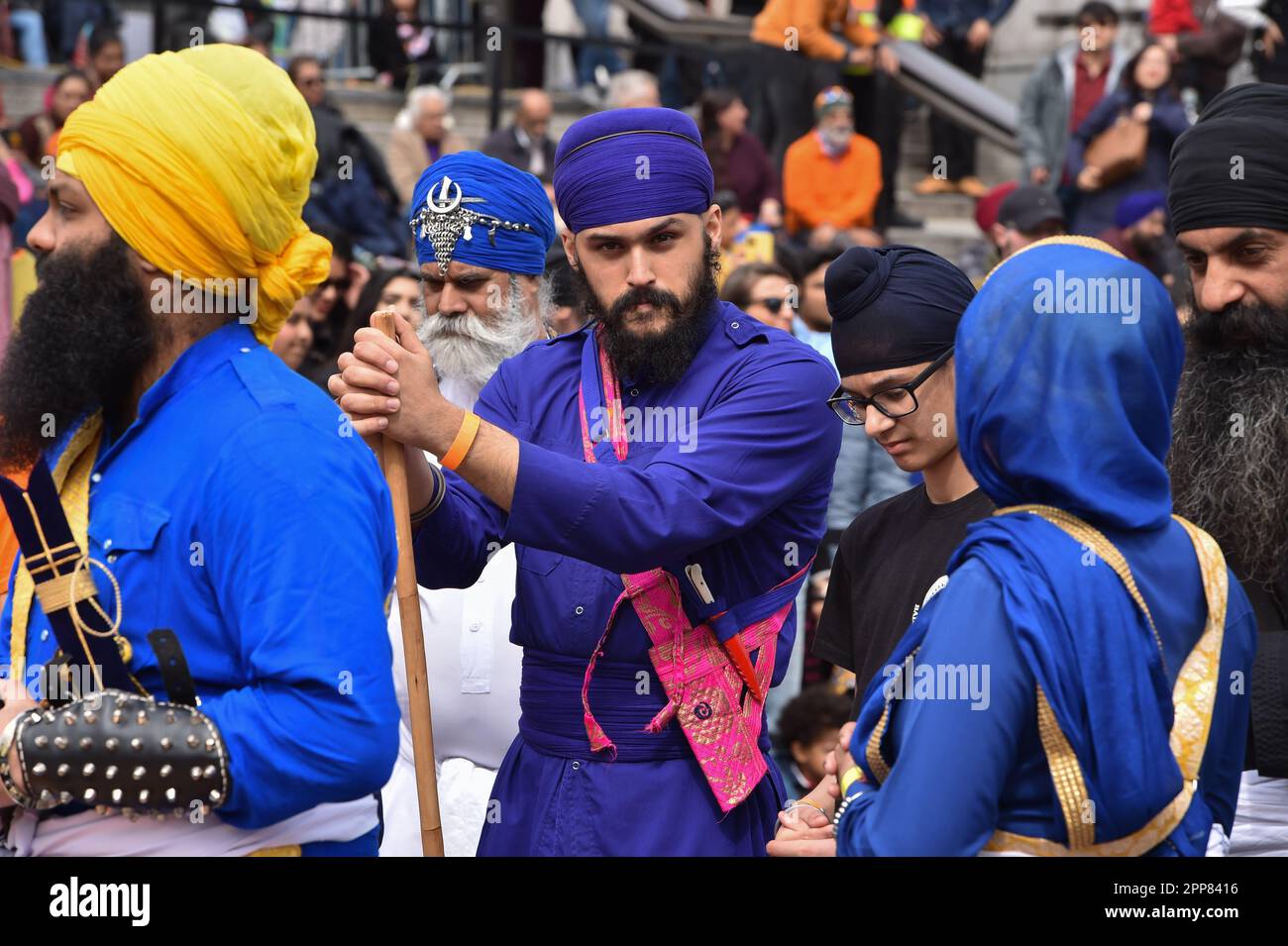 London, England, UK. 22nd Apr, 2023. Performers of the Sikh martial art