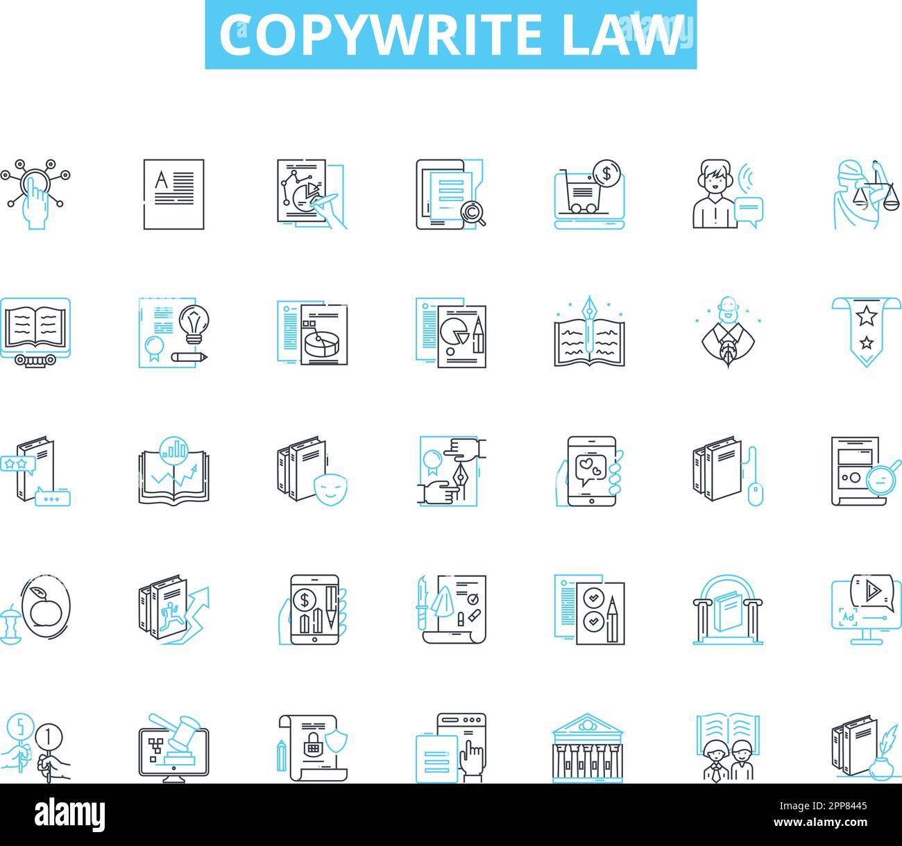 Copywrite law linear icons set. Infringement, Plagiarism, Copyrightability, Trademark, Fair use, Copyright owner, Derivative work line vector and Stock Vector