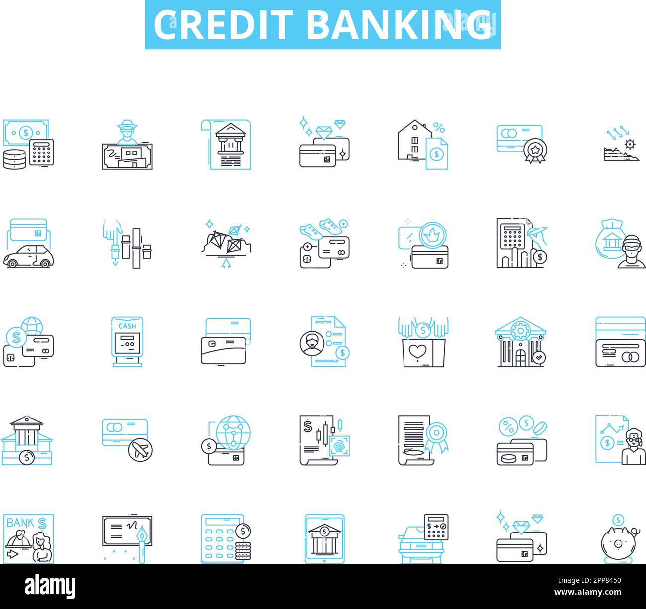 Credit banking linear icons set. Loan, Interest, Debt, Credit score, Collateral, Repayment, Overdraft line vector and concept signs. Interest rates Stock Vector