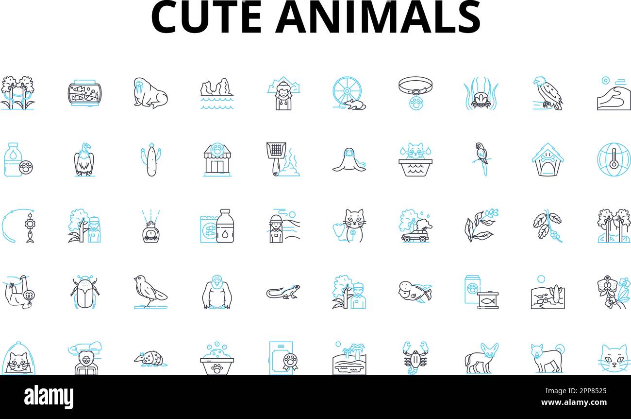 Cute animals linear icons set. Adorable, Fluffy, Fuzzy, Cuddly, Playful, Sweet, Tiny vector symbols and line concept signs. Lovable,Cheeky,Curious Stock Vector
