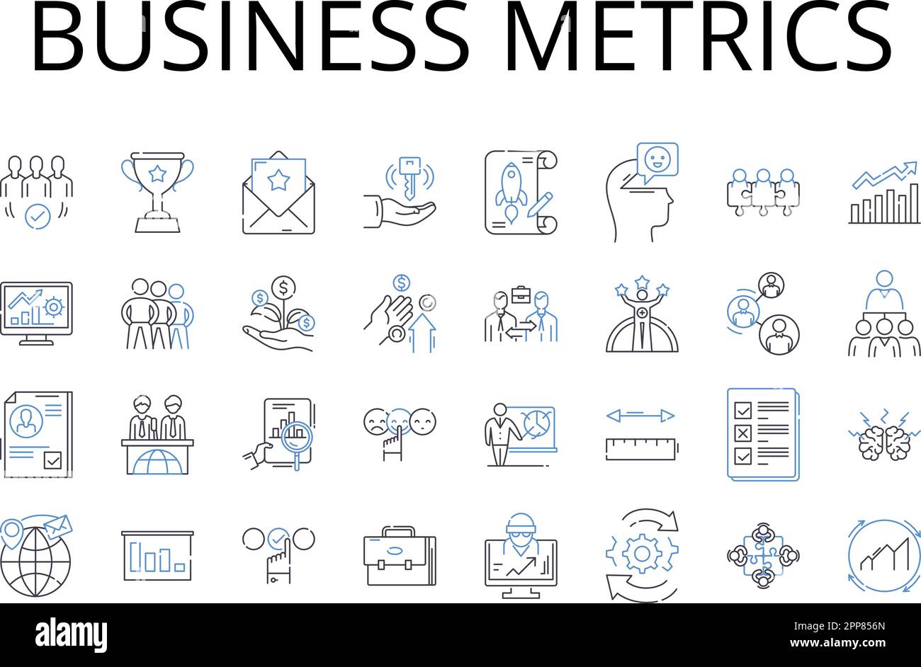 Business metrics line icons collection. Financial indicators, Performance measures, Marketing analytics, Sales metrics, Operational data, Customer Stock Vector