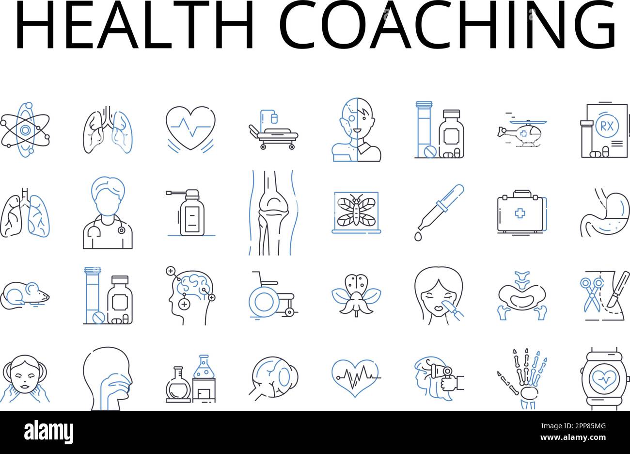 Health coaching line icons collection. Wellness coaching, Personal training, Fitness guidance, Nutrition coaching, Lifestyle coaching, Health Stock Vector
