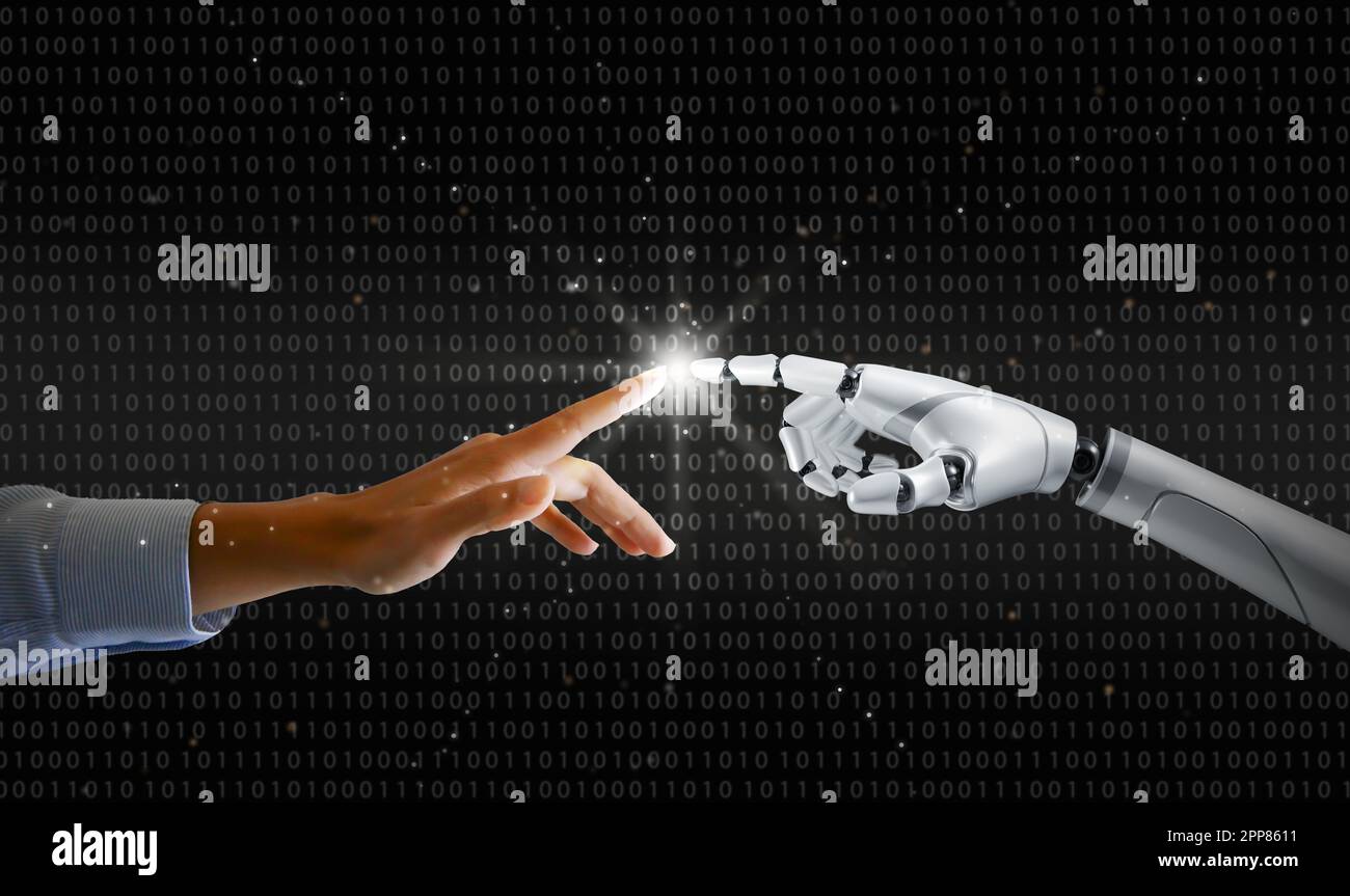 Robot and human hands touch and connect on binary code background. Smart AI, Machine learning, Chatbot concepts. Artificial Intelligence for science, Stock Photo