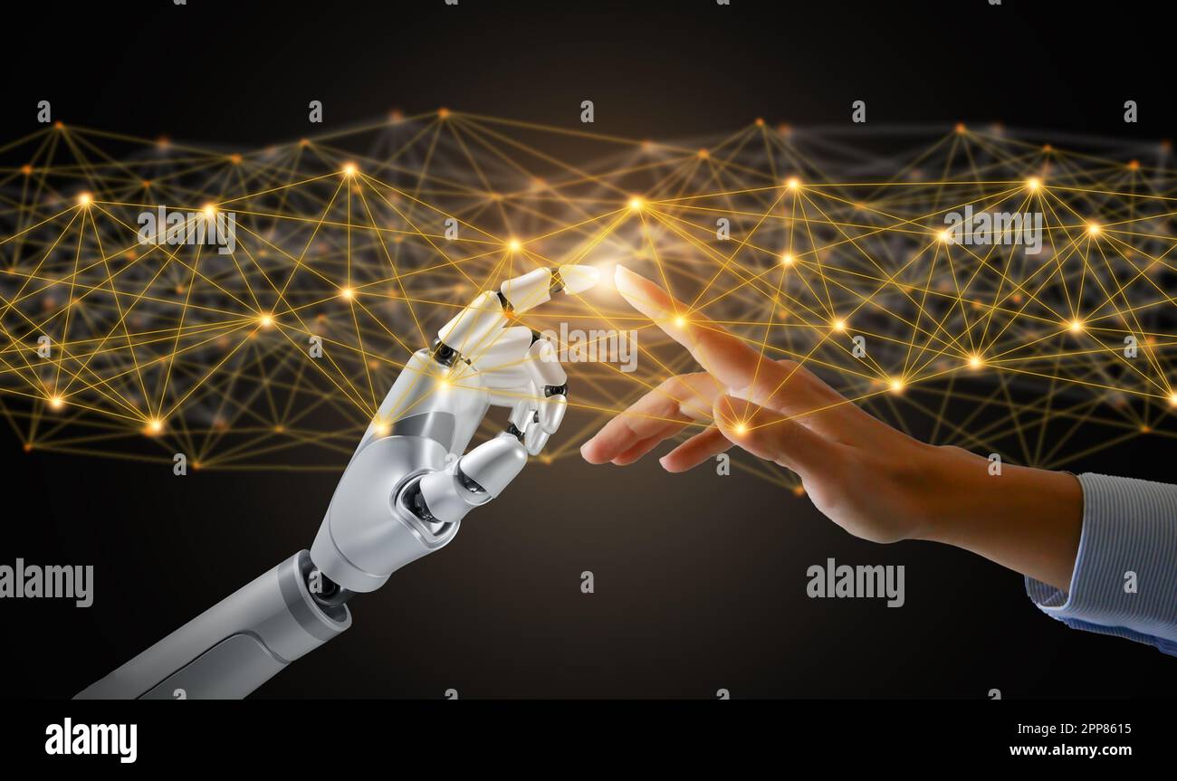 Robot and human hands touch and connect on binary code background. Smart AI, Machine learning, Chatbot. Artificial Intelligence for science, education Stock Photo