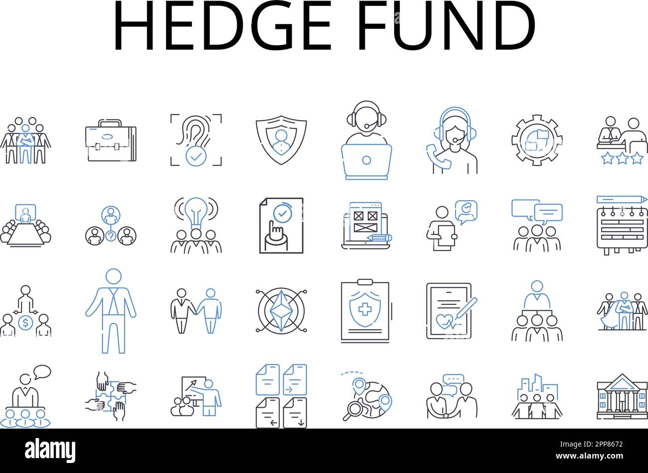 Hedge fund line icons collection. Wealth management, Investment vehicle, Venture capital, Angel investing, Mutual fund, Private equity, Asset Stock Vector