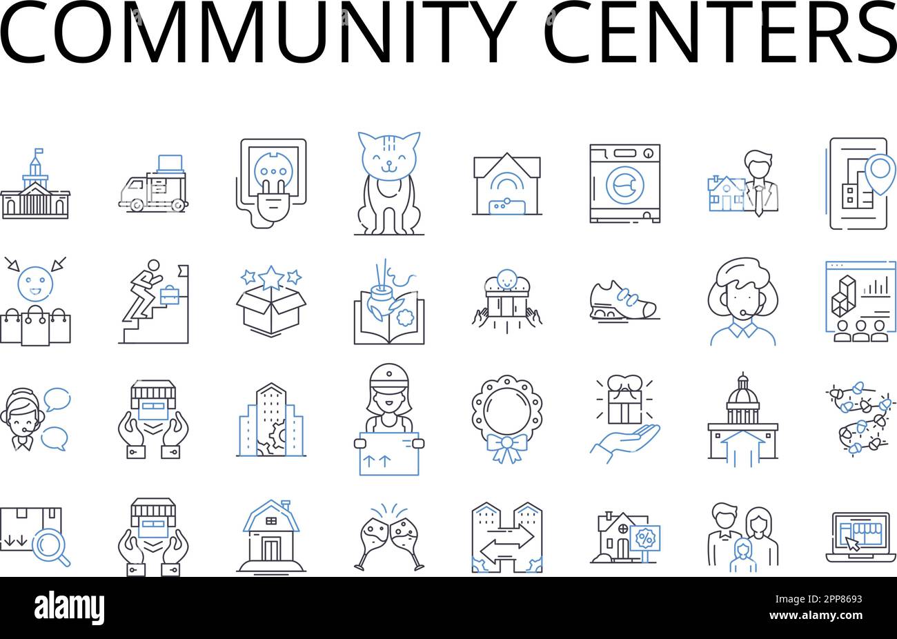 Community centers line icons collection. Learning institutions, Cultural hubs, Social spaces, Recreational centers, Civic organizations, Activity hubs Stock Vector