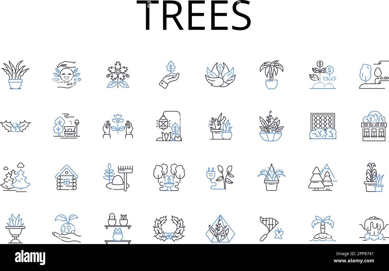 Trees line icons collection. Forest, Woodland, Grove, Orchard, Plantation, Copse, Stand vector and linear illustration. Timberland,Thicket,Arboretum Stock Vector