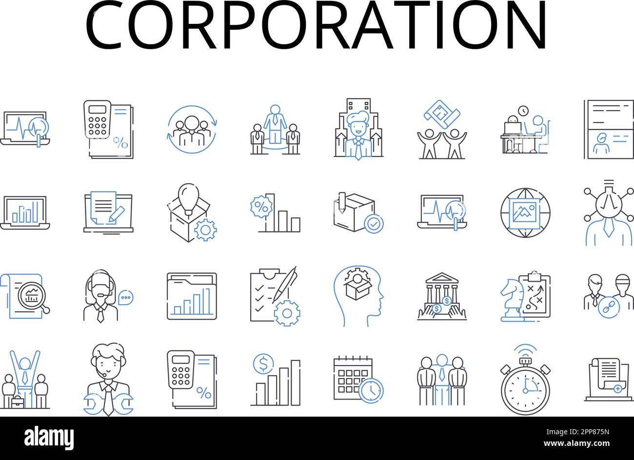 Corporation line icons collection. Business entity, Conglomerate, Company group, Commercial enterprise, Concern organization, Inc undertaking, Joint Stock Vector