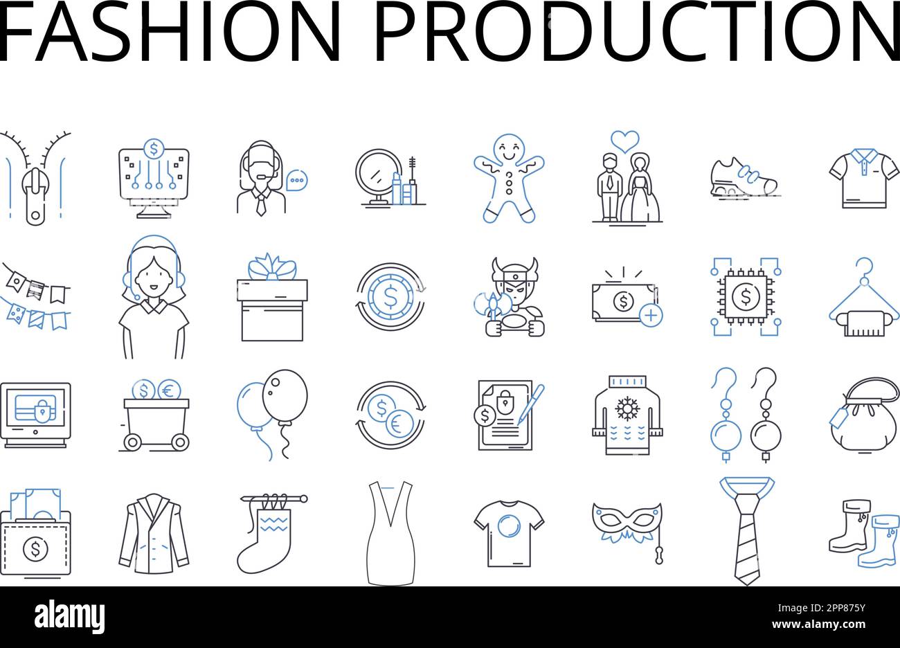 Fashion production line icons collection. Apparel manufacturing, Clothing production, Garment creation, Textile fabrication, Style creation, Wardrobe Stock Vector