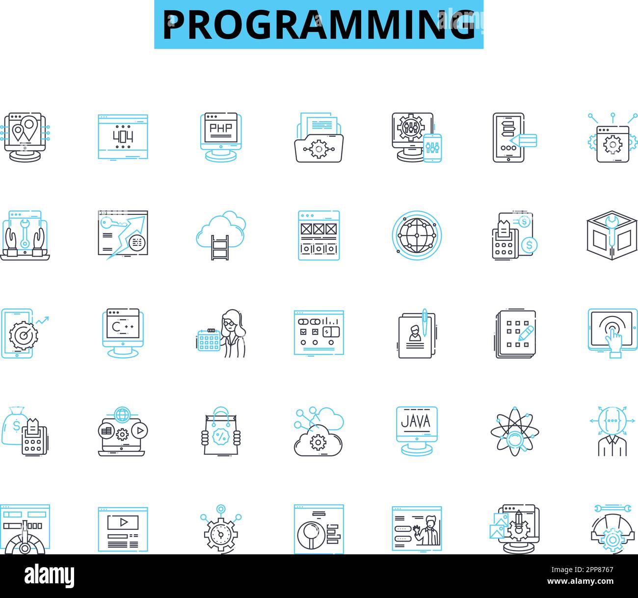 Programming linear icons set. Debugging, Syntax, Function, Algorithm, Compiler, Loop, Variable line vector and concept signs. Code,Framework,Paradigm Stock Vector