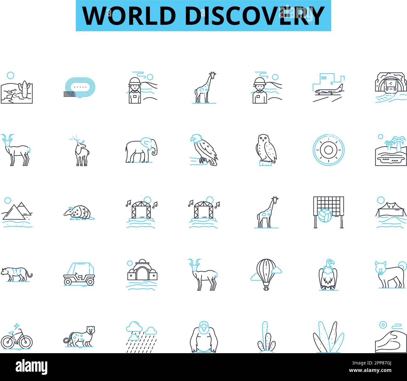 world discovery linear icons set. Exploration, Geology, Biodiversity, Anthropology, Archaeology, History, Ecology line vector and concept signs Stock Vector