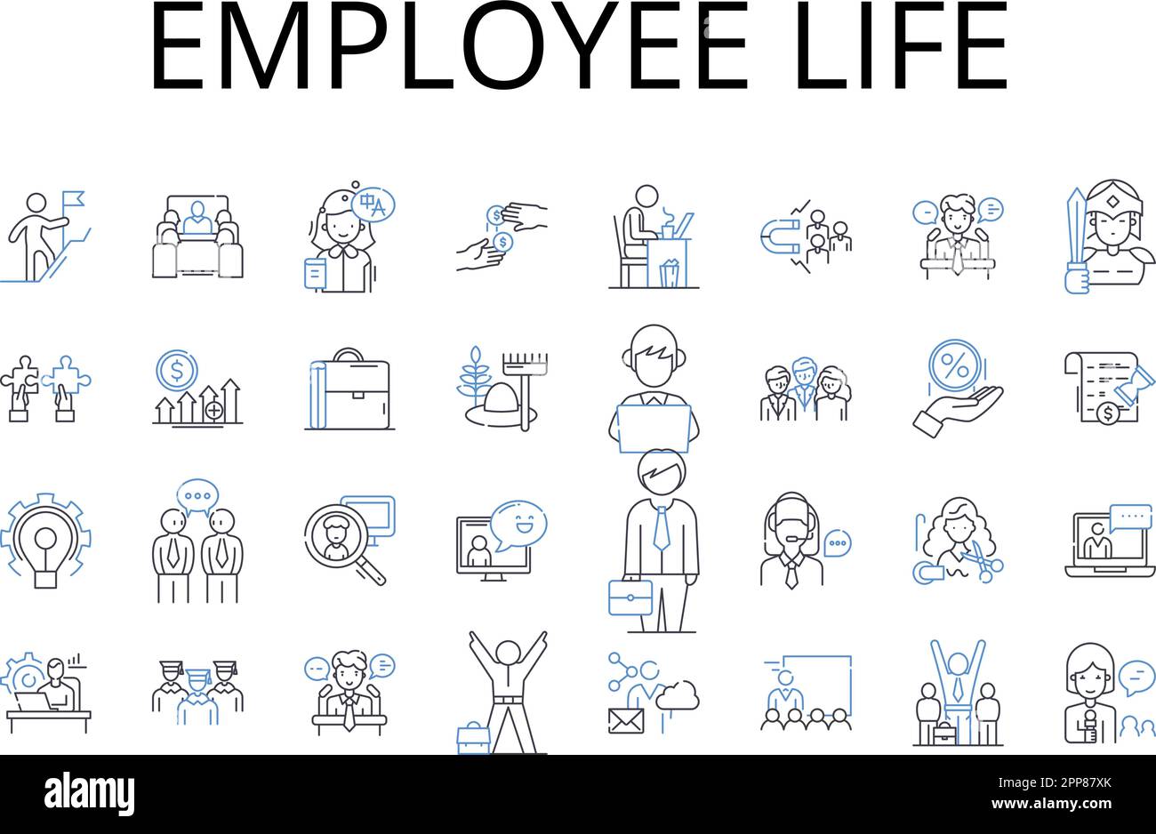 Employee life line icons collection. Job security, Workspace wellness, Career milests, Work culture, Staff relations, Labor conditions, Human capital Stock Vector
