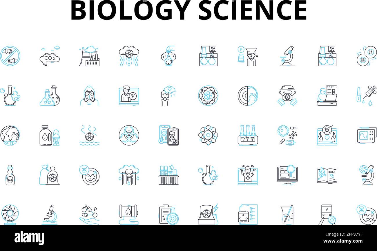 Biology science linear icons set. Photosynthesis, Mitosis, DNA, Ecosystem, Mutation, Evolution, Ecology vector symbols and line concept signs Stock Vector