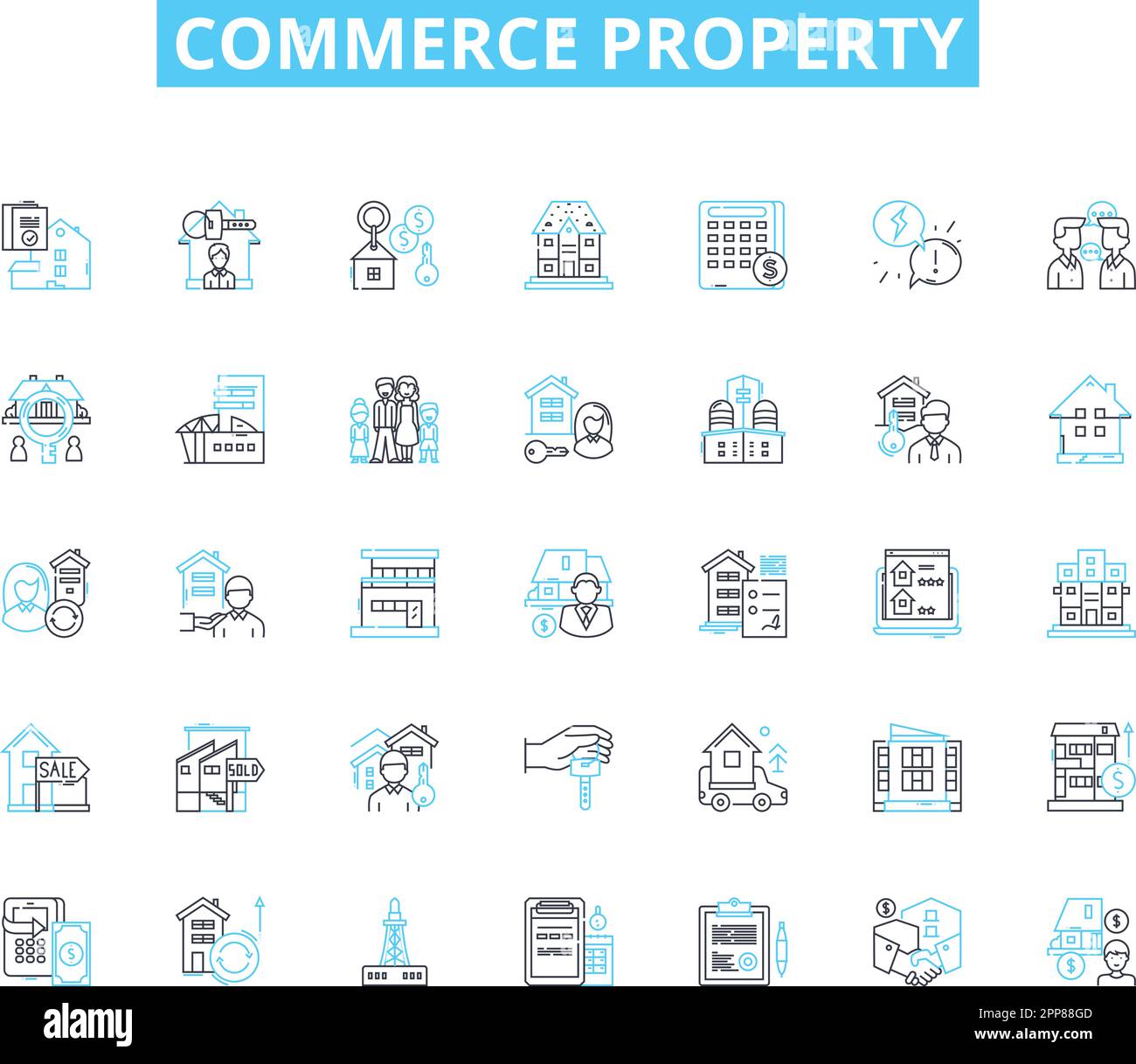 Commerce property linear icons set. Retail, Commercial, Industrial, Office, Warehouse, Shopping, Plaza line vector and concept signs. Strip,Business Stock Vector