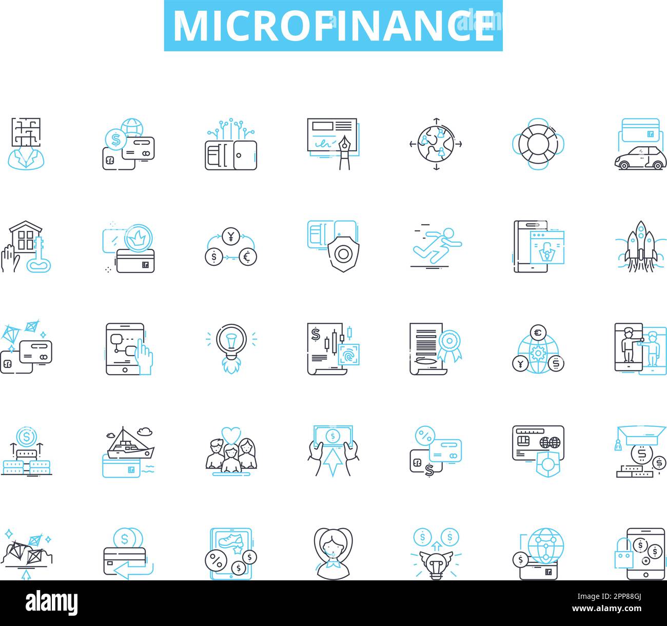 Microfinance linear icons set. Empowerment, Inclusion, Entrepreneurship, Investment, Sustainability, Credit, Poverty line vector and concept signs Stock Vector