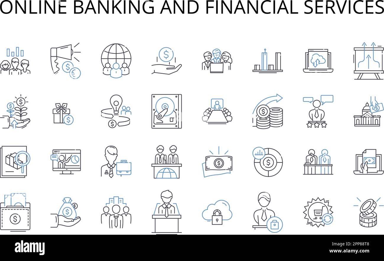 Online banking and financial services line icons collection. Digital marketing, Mobile payments, Video streaming, Social nerking, E-commerce, Email Stock Vector