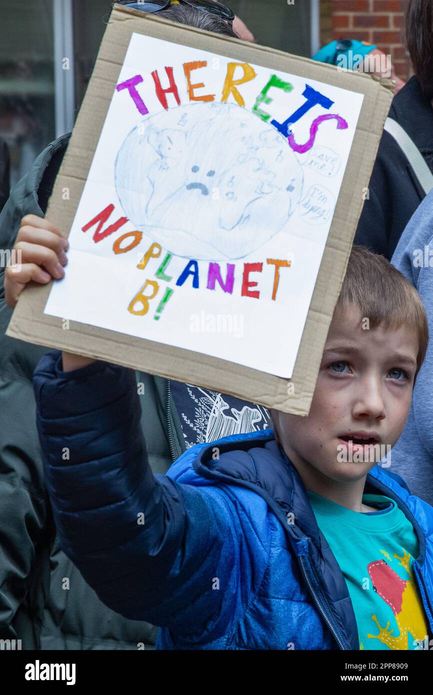 london-uk-22nd-april-2023-a-young-climate-activist-takes-part-in-a