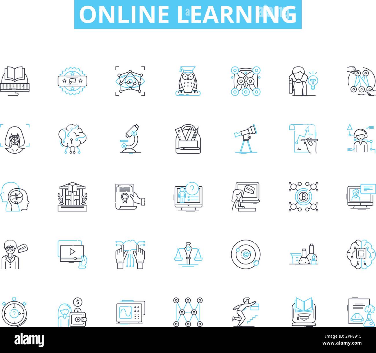 Online learning linear icons set. E-learning, Distance learning, Cyberlearning, Virtual learning, Web-based learning, Remote learning, Online Stock Vector
