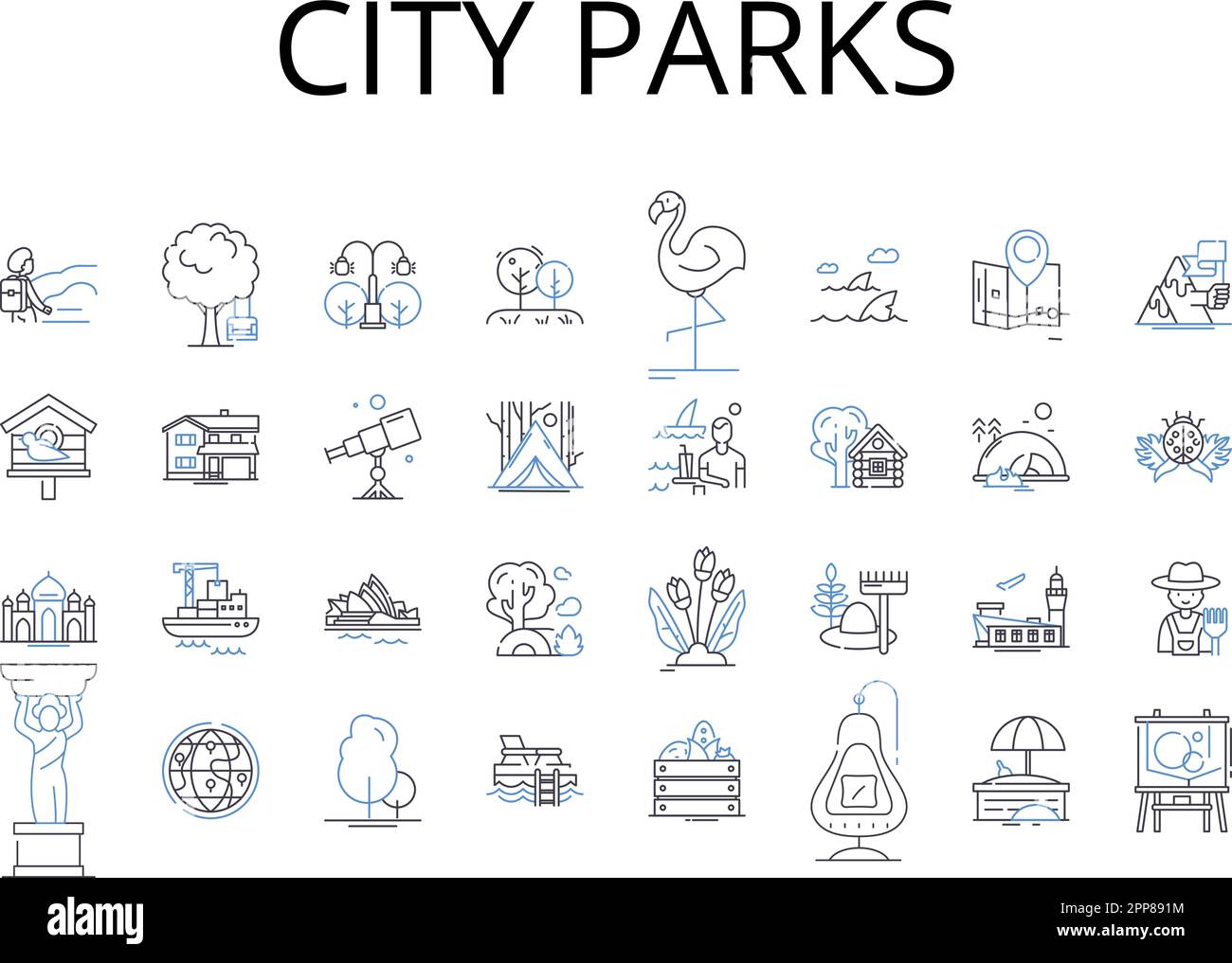City parks line icons collection. Urban gardens, Metropolitan squares, Suburban trails, Country meadows, Coastal cliffs, Riverside walks, Mountain Stock Vector