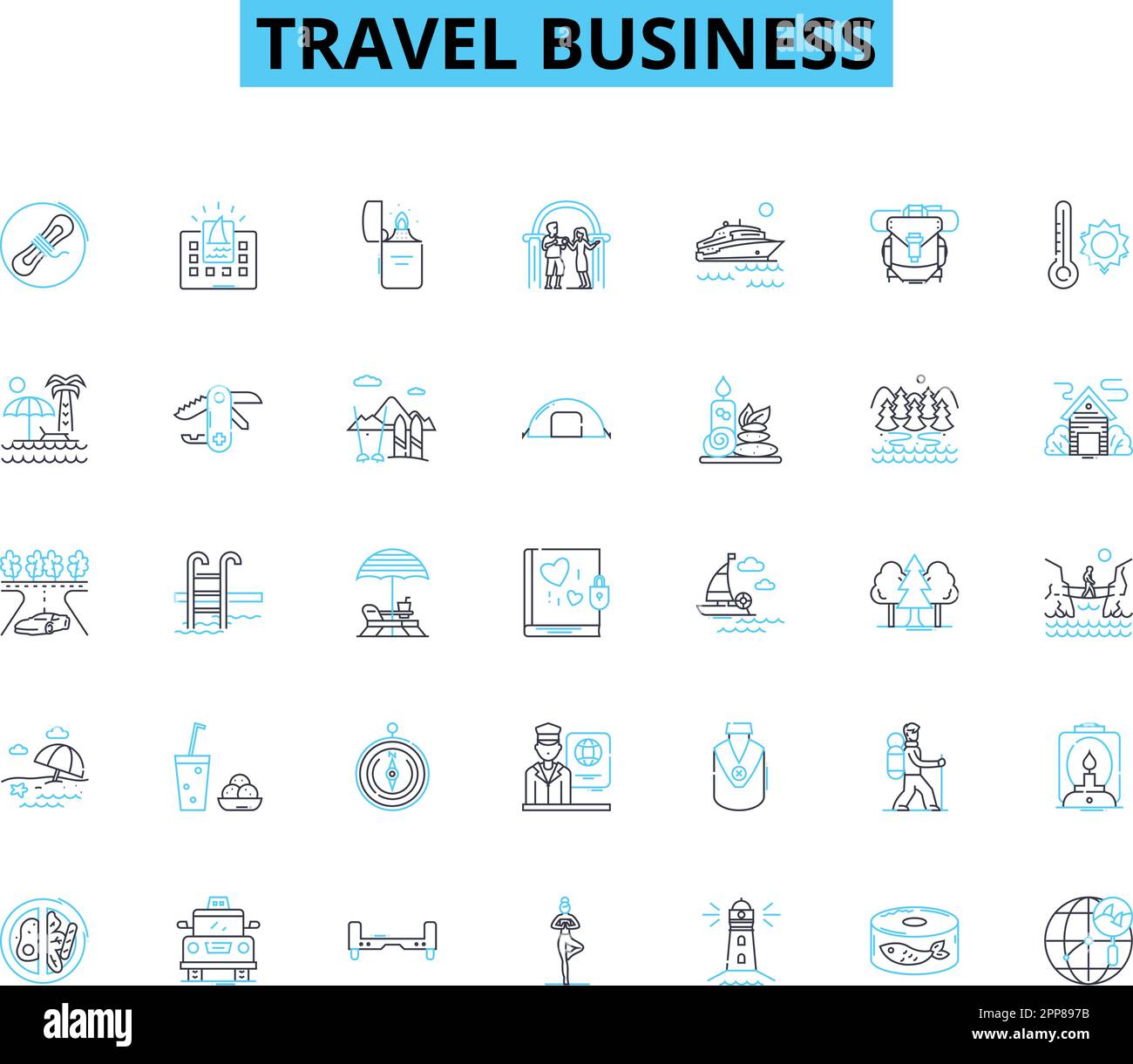 Travel business linear icons set. Adventure, Exotic, Leisure, Culture, Destination, Escape, Expedition line vector and concept signs. Relaxation Stock Vector