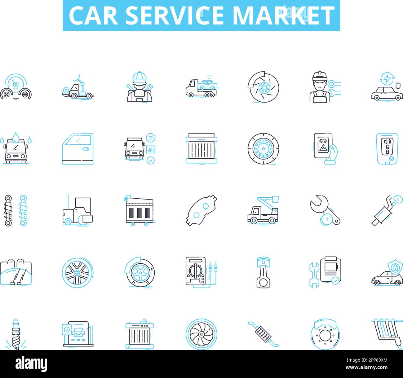 Car service market linear icons set. Maintenance, Repairs, Oil changes, Tires, Brakes, Alignment, Tune up line vector and concept signs. Inspection Stock Vector