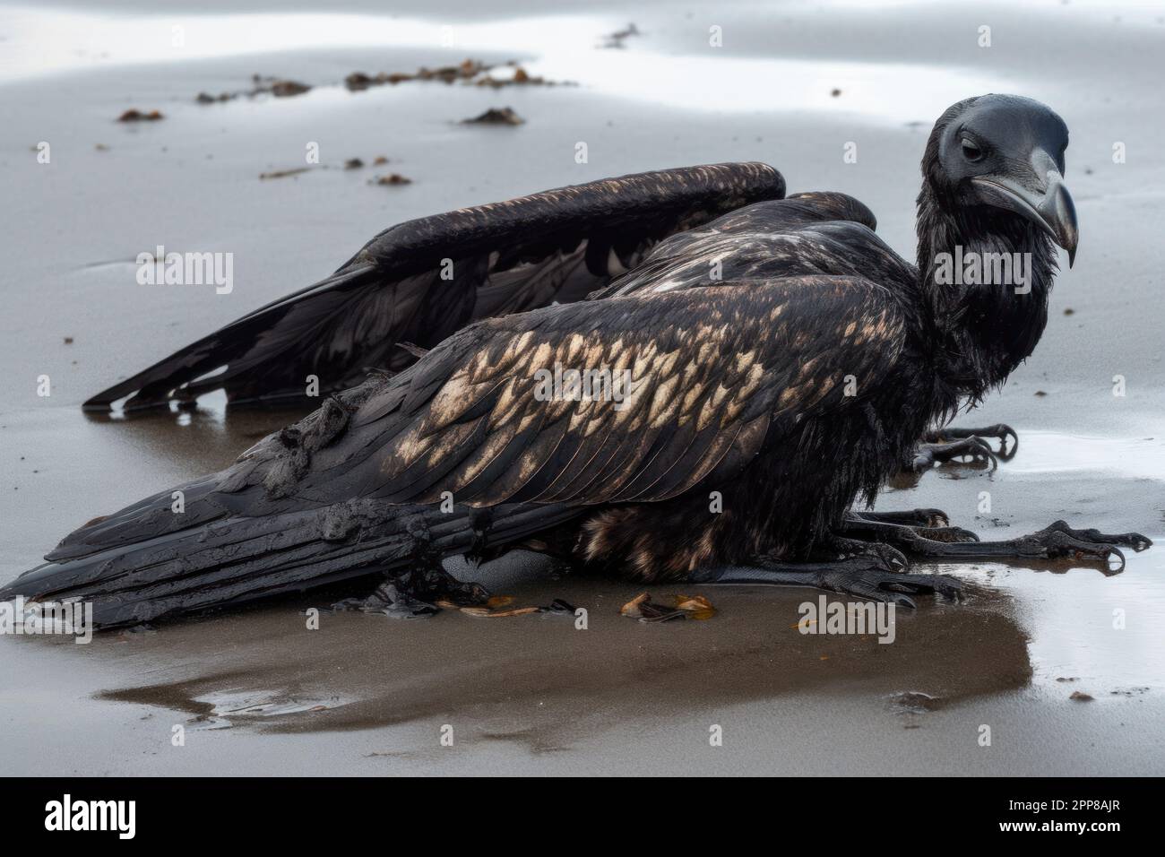 Dying birds whose wings are smeared in fuel oil on the seashore Stock
