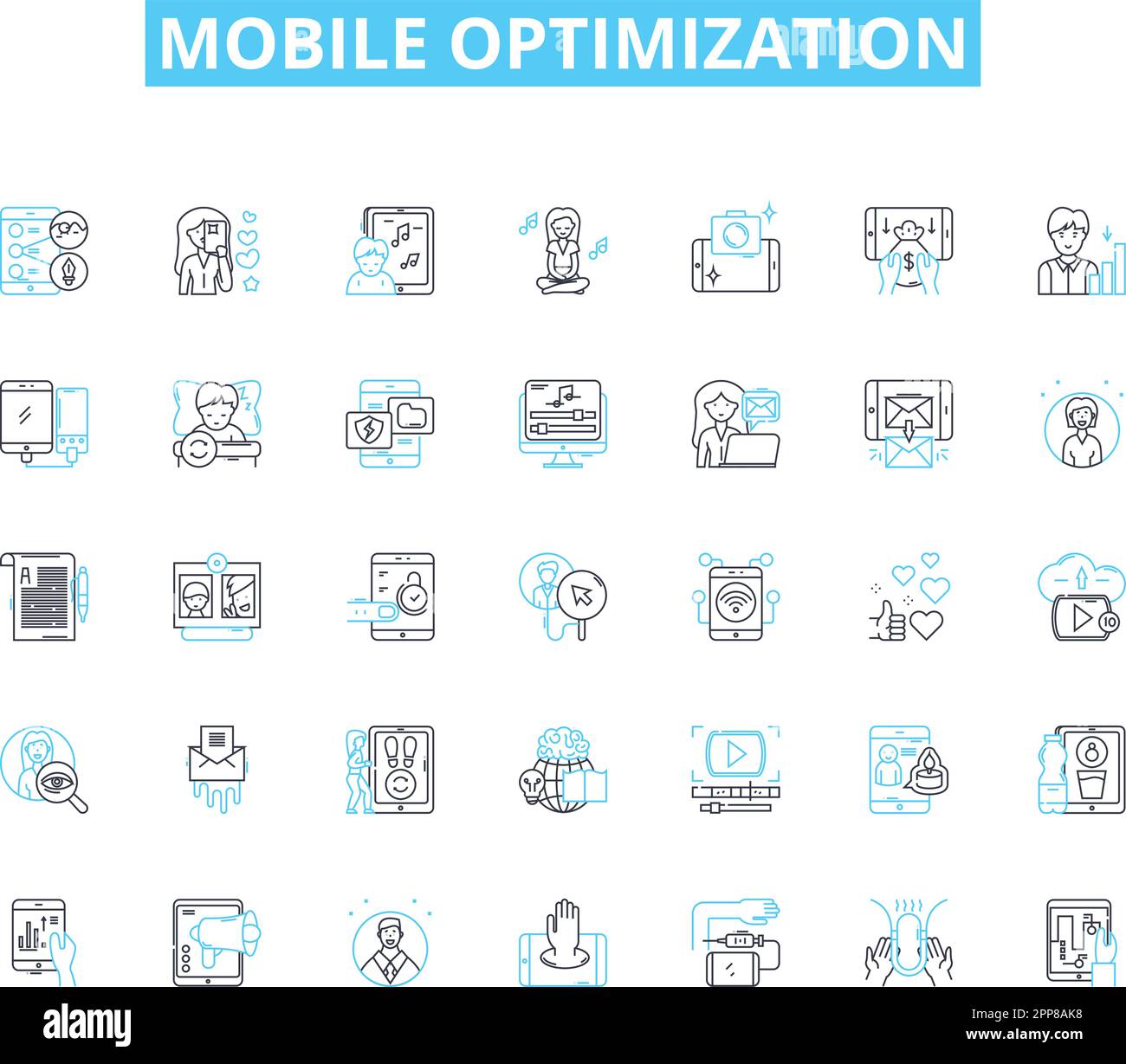 Mobile optimization linear icons set. Responsiveness, Compatibility, Adaptability, Streamlining, Efficiency, Accessibility, User-friendliness line Stock Vector