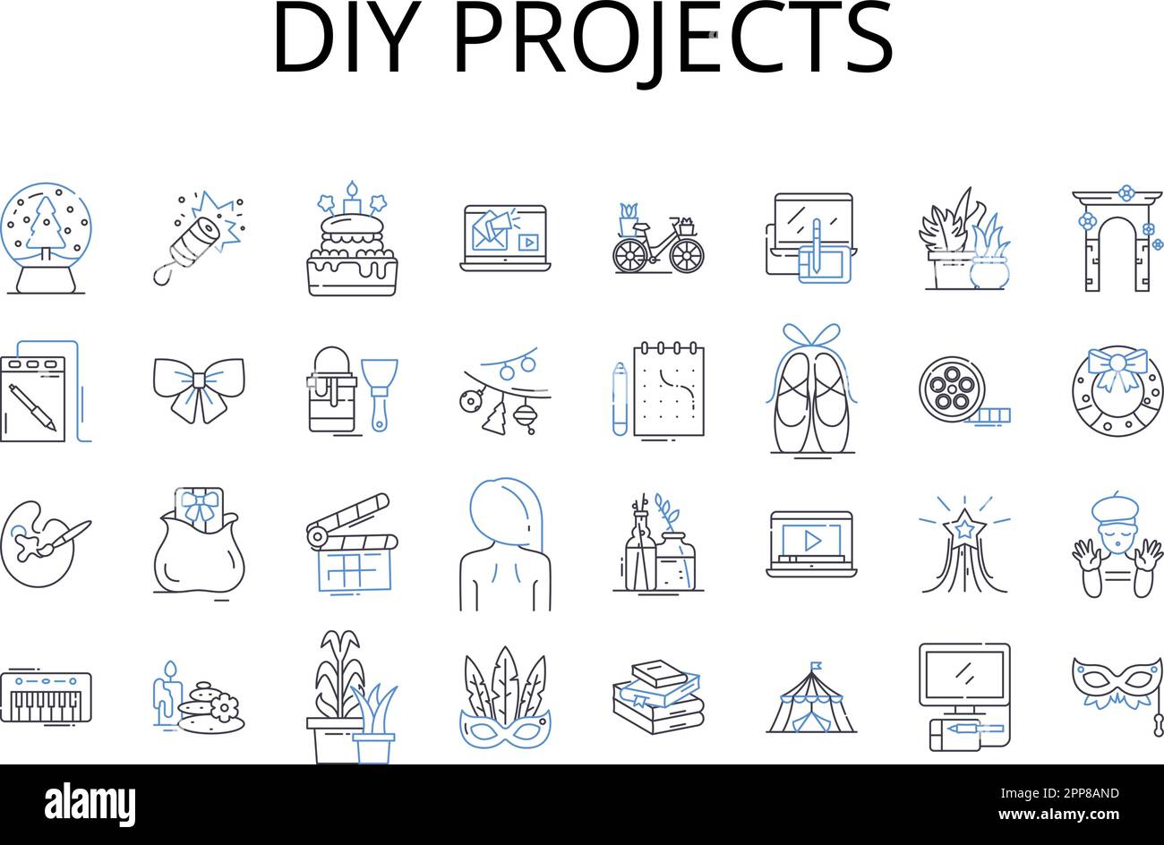 DIY projects line icons collection. Home improvement, Craft ideas, Art projects, Outdoor activities, Science experiments, Educational games, Creative Stock Vector