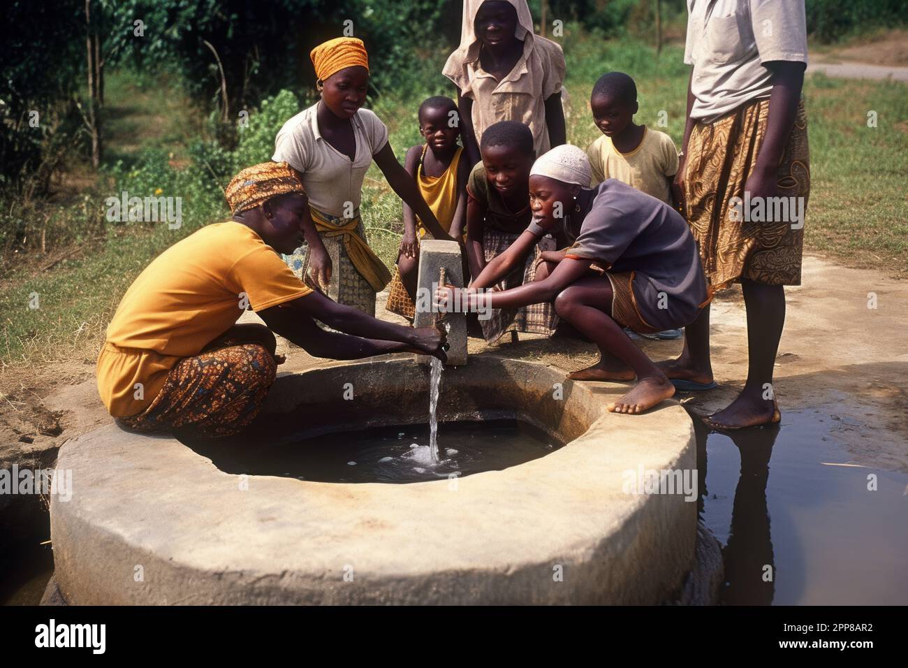 African family gathered around a small, makeshift fountain or well, using the water Stock Photo