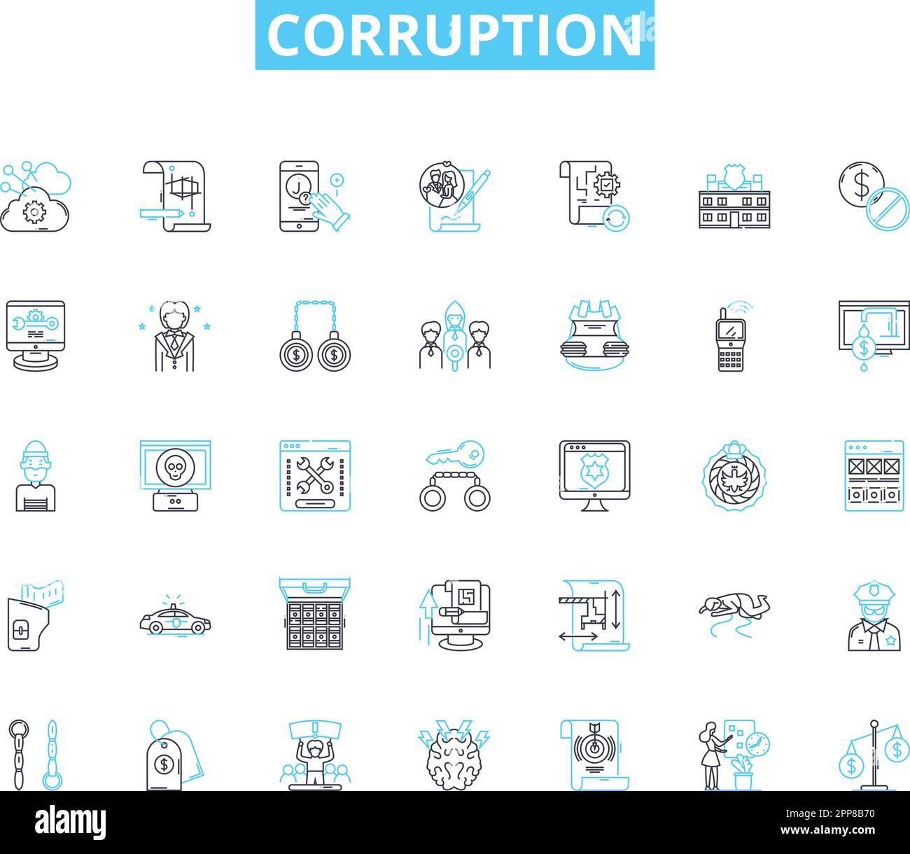Corruption linear icons set. Bribery, Extortion, Nepotism, Embezzlement, Fraud, Graft, Kickbacks line vector and concept signs. My laundering Stock Vector