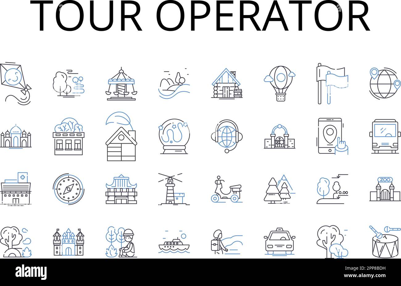 Tour operator line icons collection. Travel agency, Vacation planner, Tour guide, Expedition leader, Adventure organizer, Road trip expert, Getaway Stock Vector