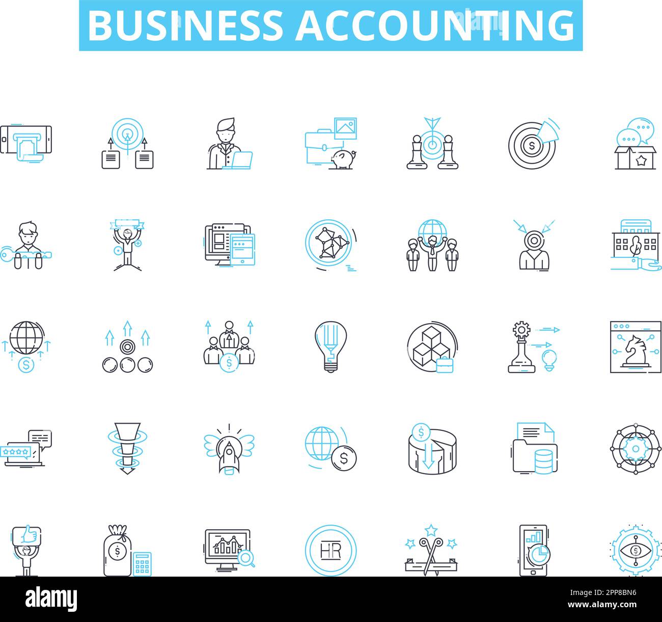 Business accounting linear icons set. Taxation, Bookkeeping, Auditing, Cashflow, Profitability, Balance-sheet, Financial-statements line vector and Stock Vector