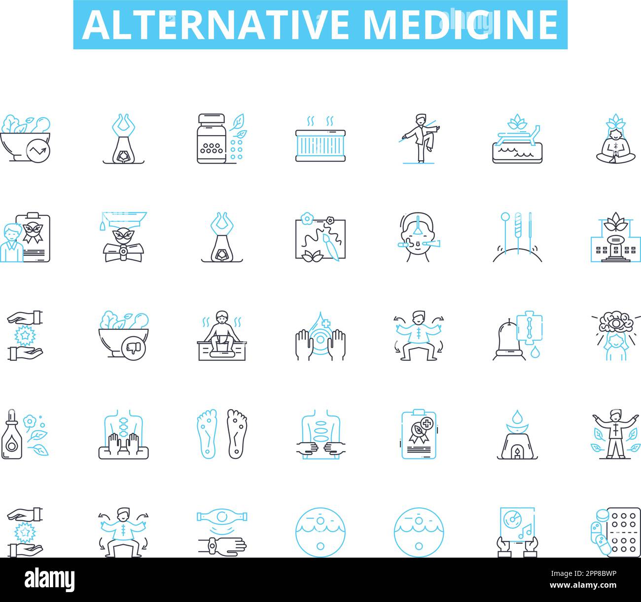 Alternative medicine linear icons set. Acupuncture, Aromatherapy, Ayurveda, Biofeedback, Chakra, Chiropractic, Detoxification line vector and concept Stock Vector