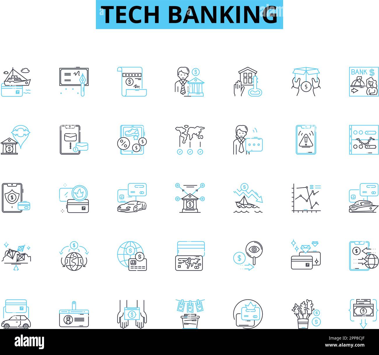 Tech banking linear icons set. Fintech, Blockchain, Cryptocurrency ...