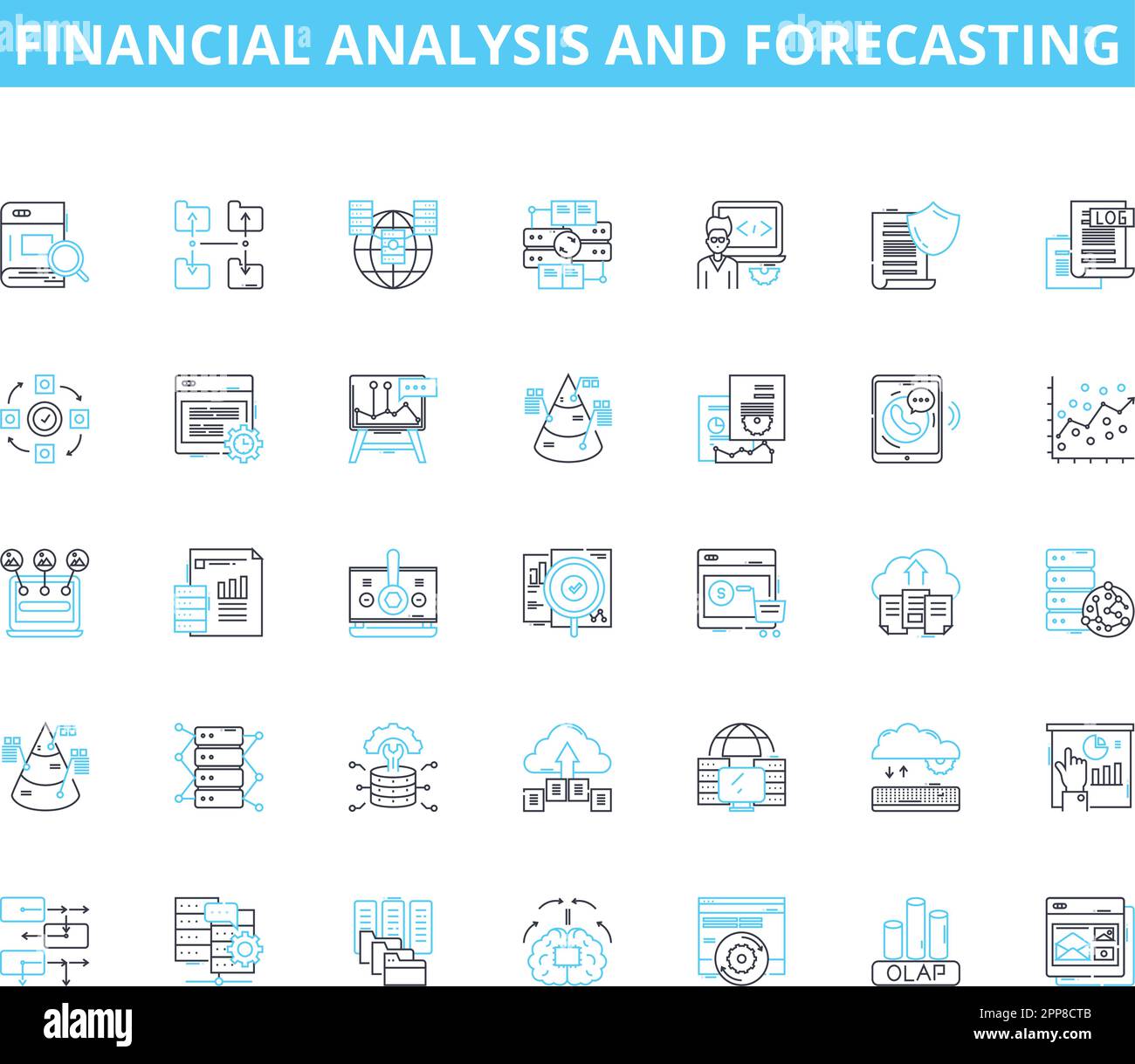 Financial analysis and forecasting linear icons set. Risk, Revenue, Budget, Investment, Cashflow, Growth, Forecasting line vector and concept signs Stock Vector