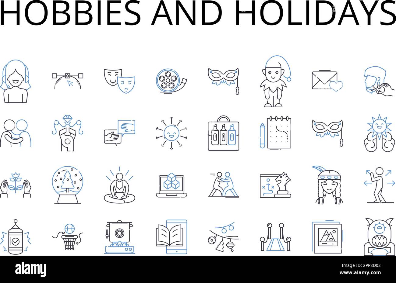 Hobbies and holidays line icons collection. Pastimes, Leisure activities, Pursuits, Interests, Diversions, Recreations, Amusements vector and linear Stock Vector
