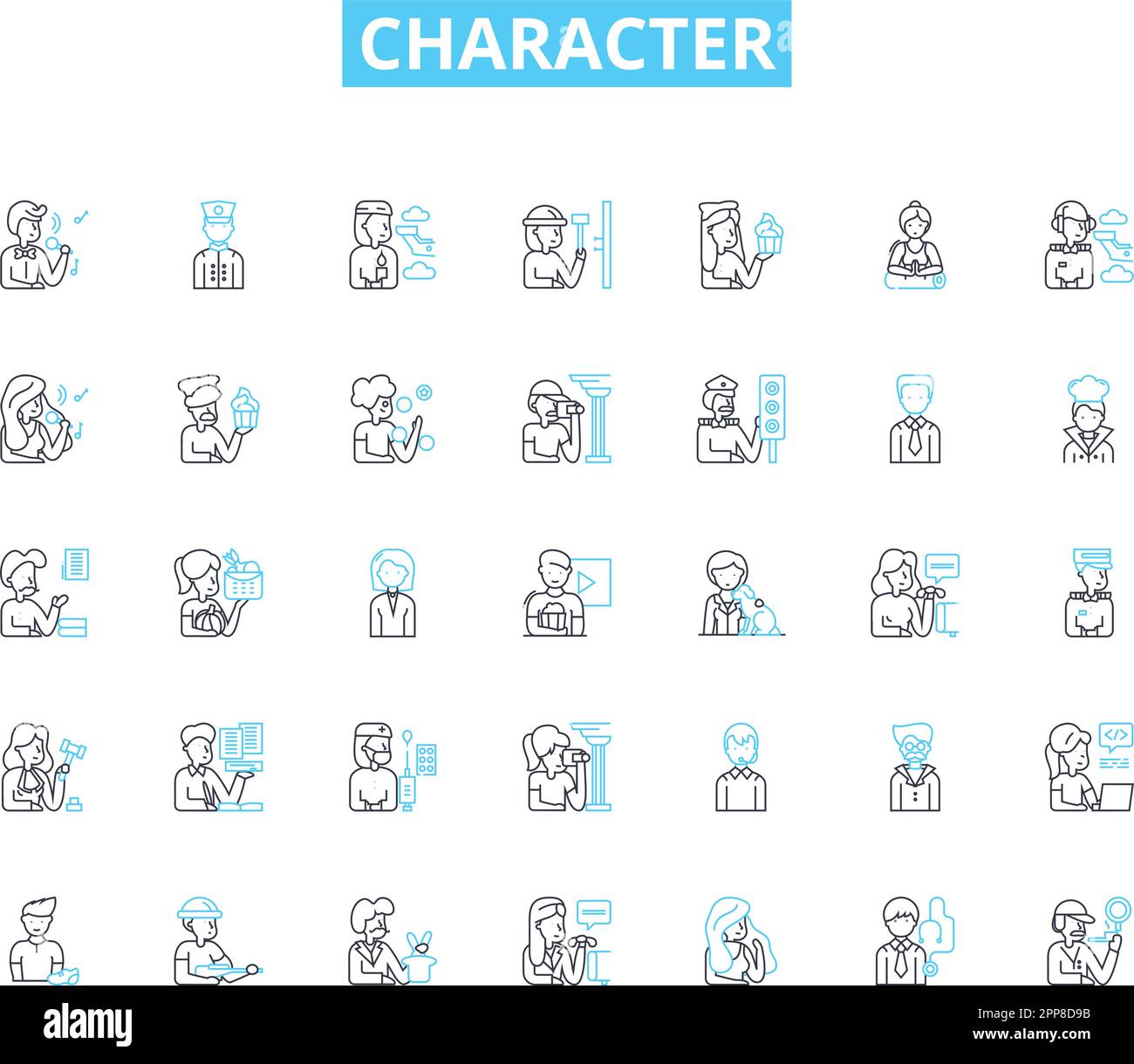 Character linear icons set. Personality, Traits, Unique, Mannerisms, Behavior, Disposition, Morals line vector and concept signs. Quirks,Attitude Stock Vector