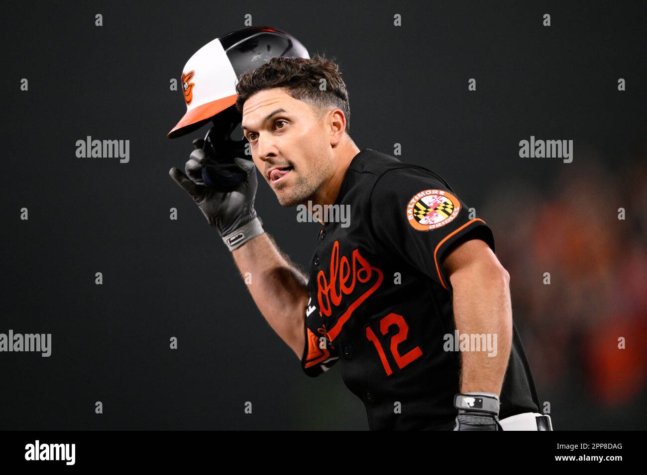 Baltimore Orioles' Adam Frazier reacts during a baseball game