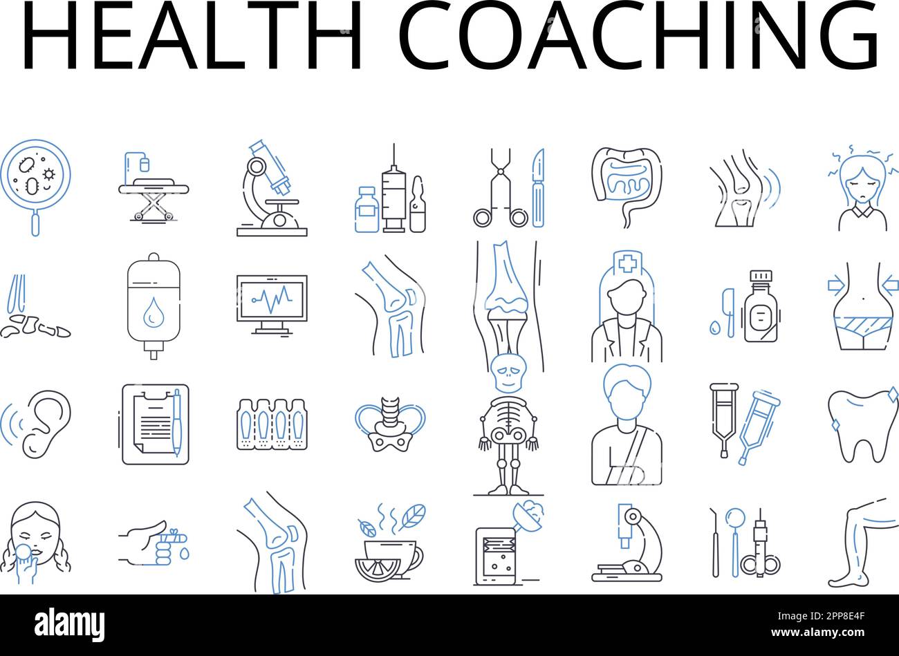 Health coaching line icons collection. Wellness coaching, Personal training, Fitness guidance, Nutrition coaching, Lifestyle coaching, Health Stock Vector