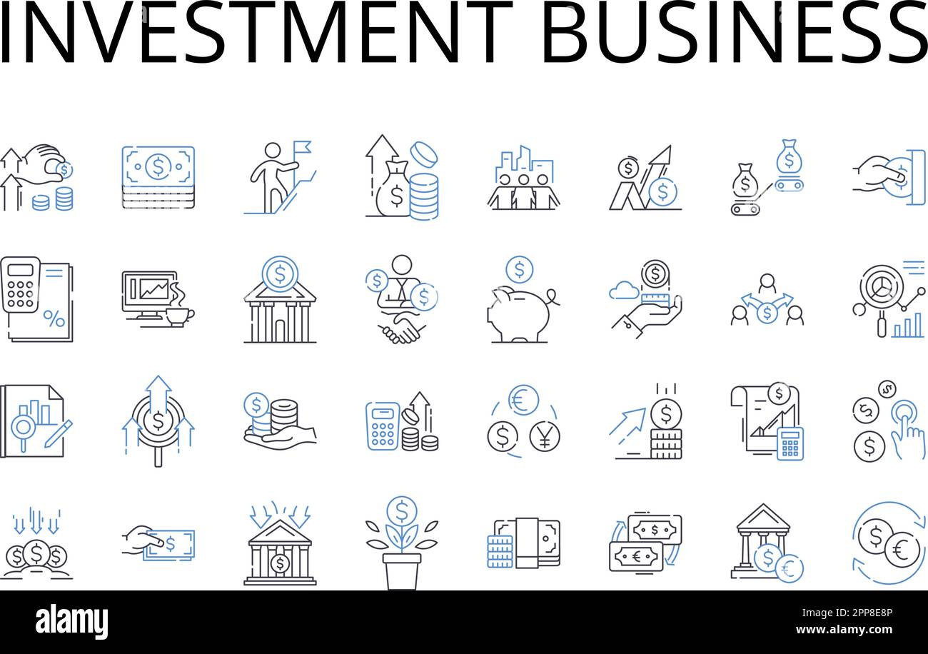 Investment business line icons collection. Finance industry, Trade market, Economic sector, Capital venture, Mtary commerce, Fiscal activity, Banking Stock Vector