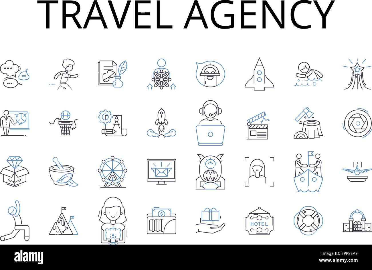 Travel agency line icons collection. Tour operator, Expedition planner, Journey management, Roaming ranger, Globe trotter, Adventure arranger Stock Vector