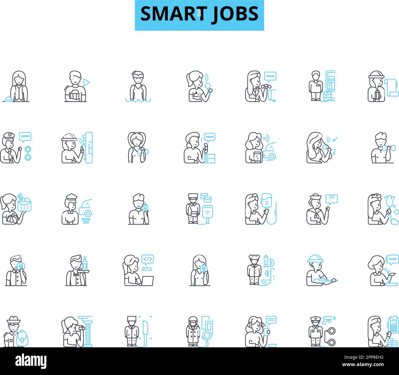 Smart jobs linear icons set. Innovation, Flexibility, Efficiency, Automation, Telecommuting, Empowerment, Digitization line vector and concept signs Stock Vector
